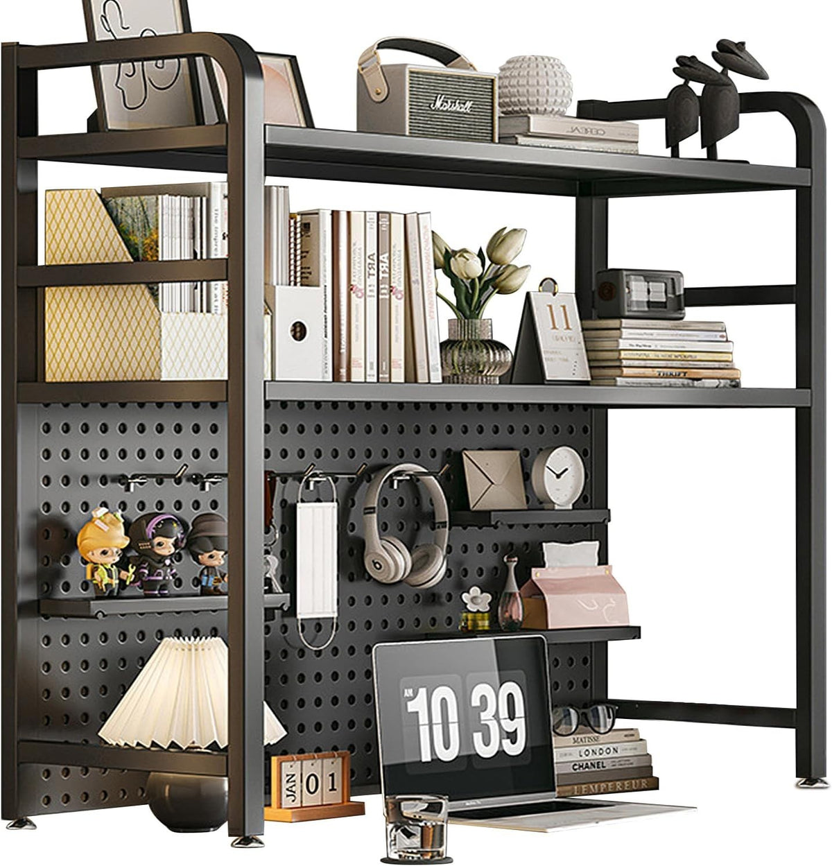 115cm Industrial Desktop Bookshelf 2-Tier Metal Desk Hutch Storage Rack