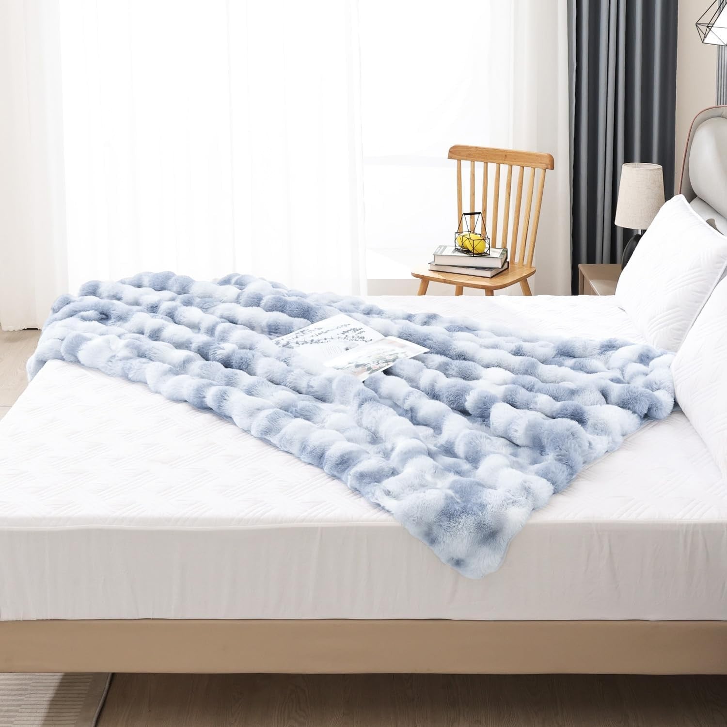 Tie Dye Blue Faux Fur Bubble Throw Blanket Soft Warm Plush Sofa 50x60in