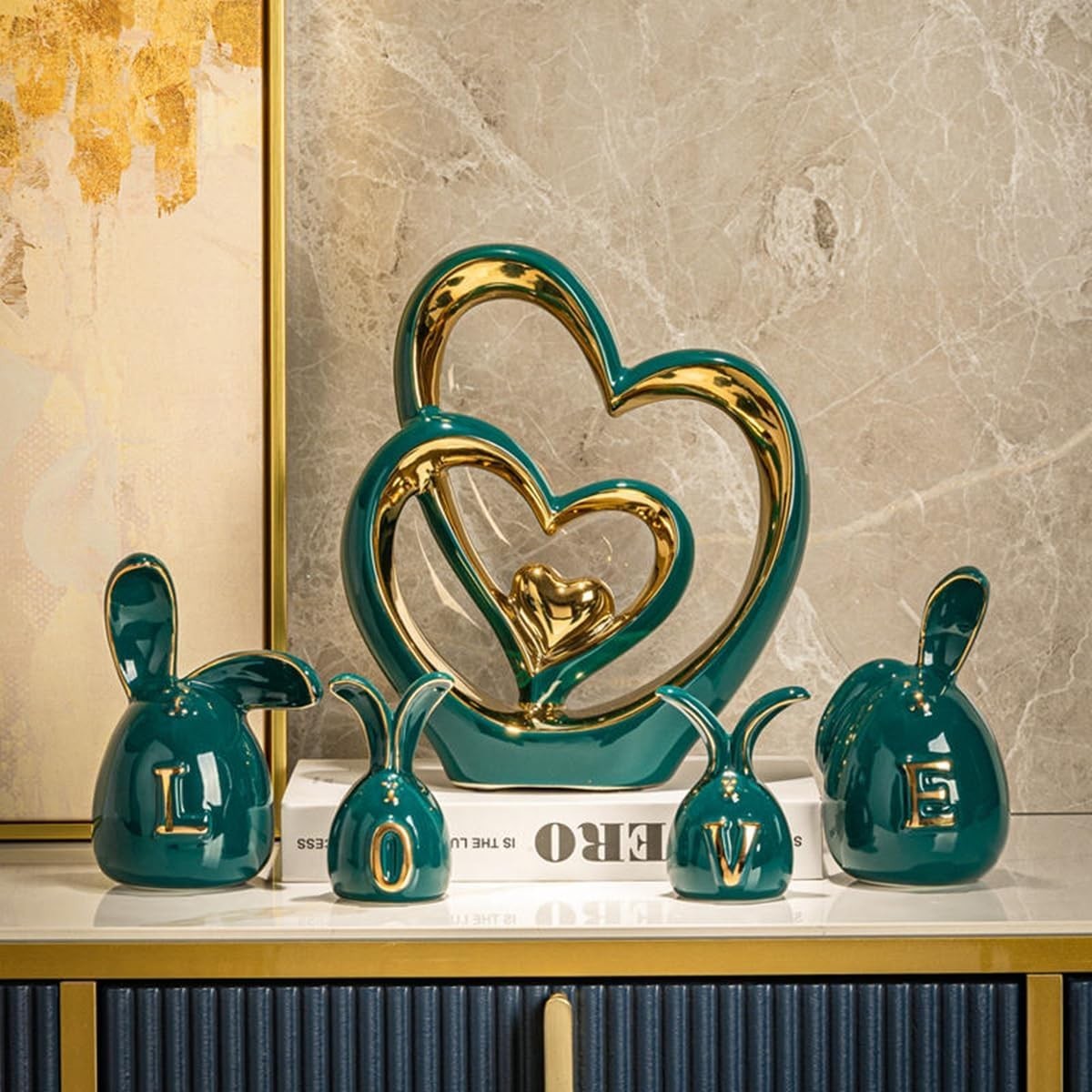 Luxury Double Heart Ceramic Sculpture Green Gold Ornament Modern Home Decor Gift
