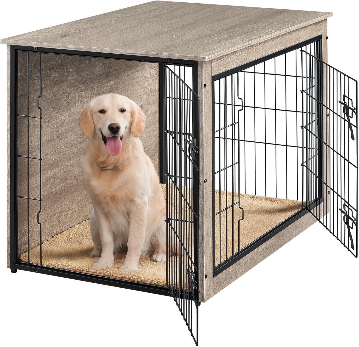 Stylish Medium Dog Crate Furniture with Cushion & Double Doors 96x65x67.5cm