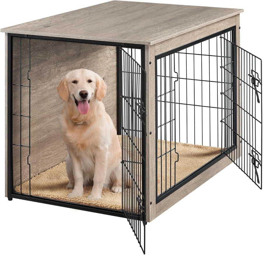 Stylish Medium Dog Crate Furniture with Cushion & Double Doors 96x65x67.5cm