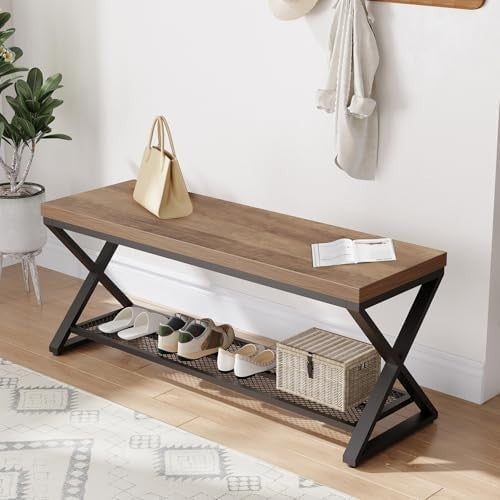 Rustic Oak Industrial Entryway Storage Bench Metal Frame Shoe Rack Seat 99x36x46