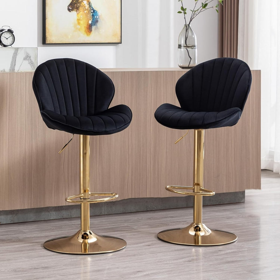 Black Velvet Swivel Bar Stools Set of 2 Adjustable Kitchen Counter Chairs
