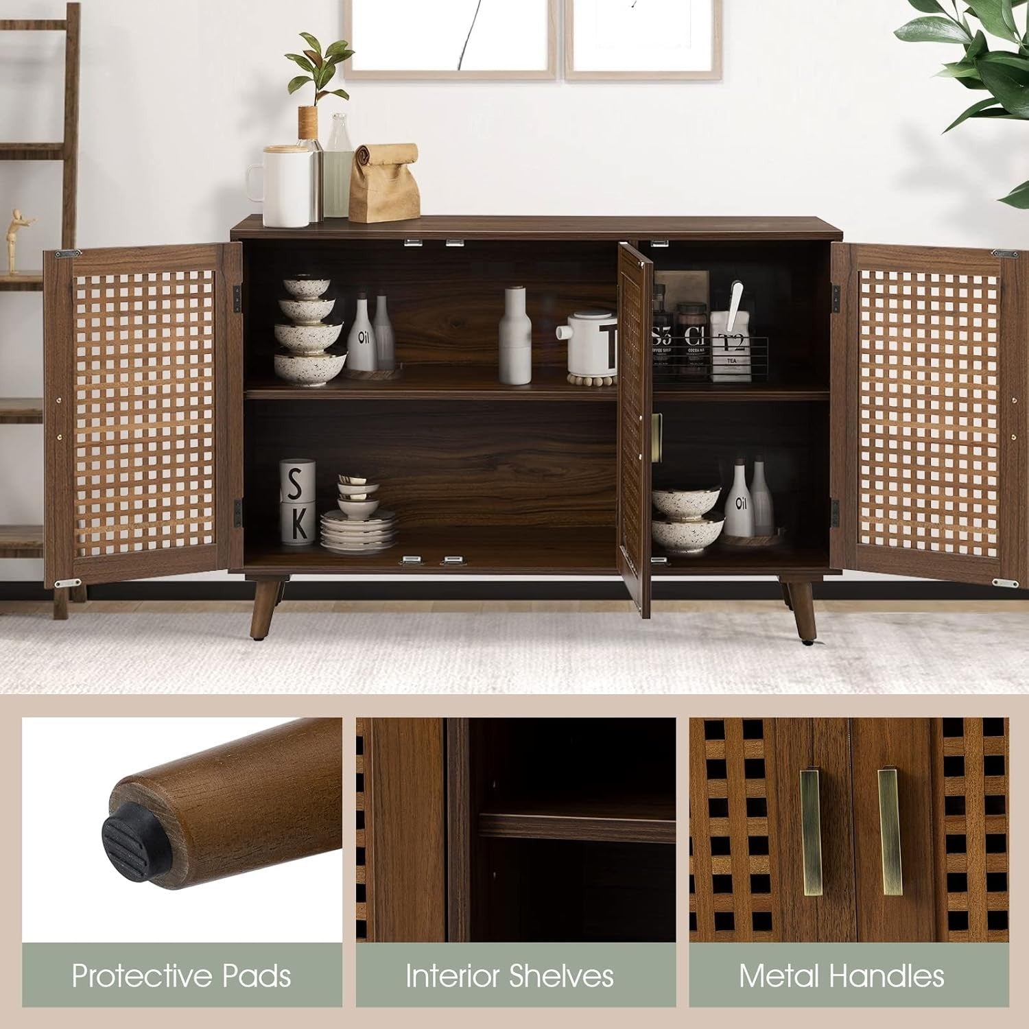 Modern Wood Sideboard Cabinet 3 Door Storage Buffet with Lattice Design