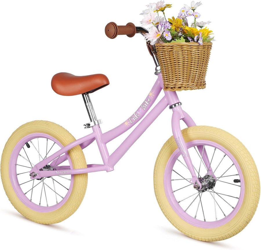 14" Kids Balance Bike Adjustable Seat Basket No Pedal Training Bike Purple
