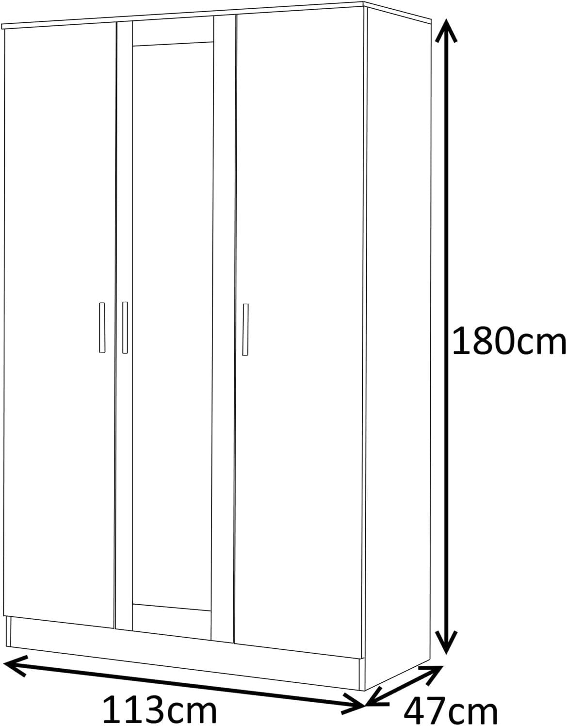 3 Door Mirrored Wardrobe Black Gloss & Black Oak with Shelves & Hanging Rail