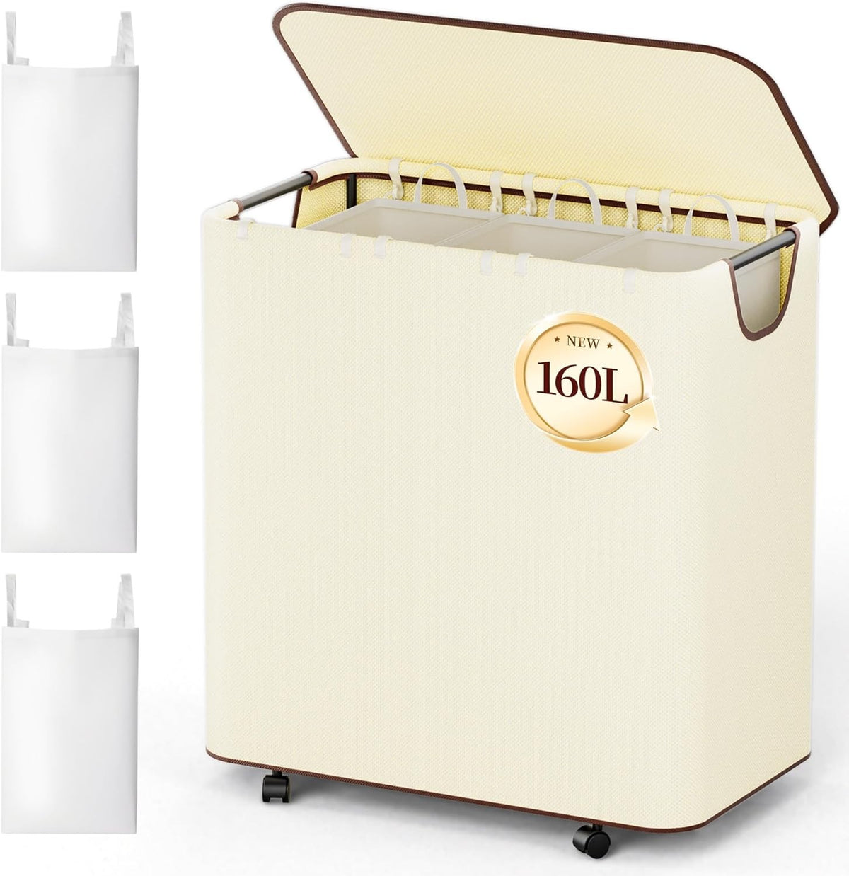 160L Large Rolling Laundry Hamper with Lid 2-Section Basket Removable Bags Beige