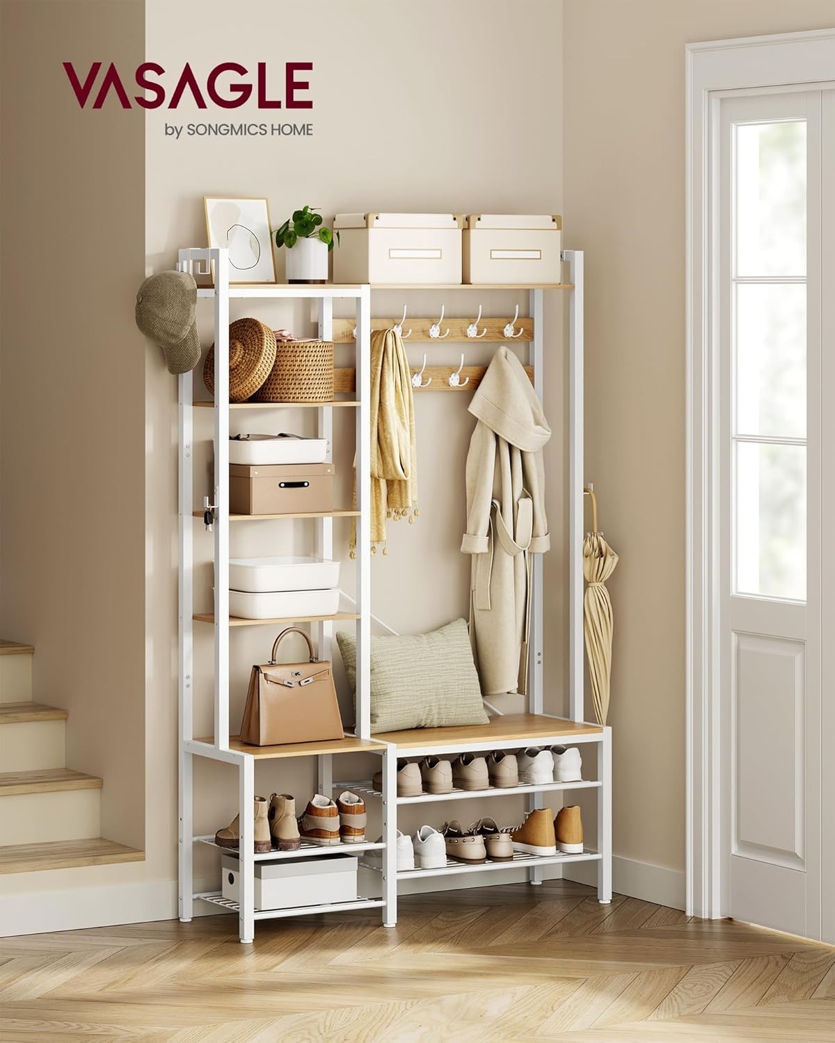 Hall Tree Coat Rack with Bench, Shoe Storage & Shelves | 120x40x190cm
