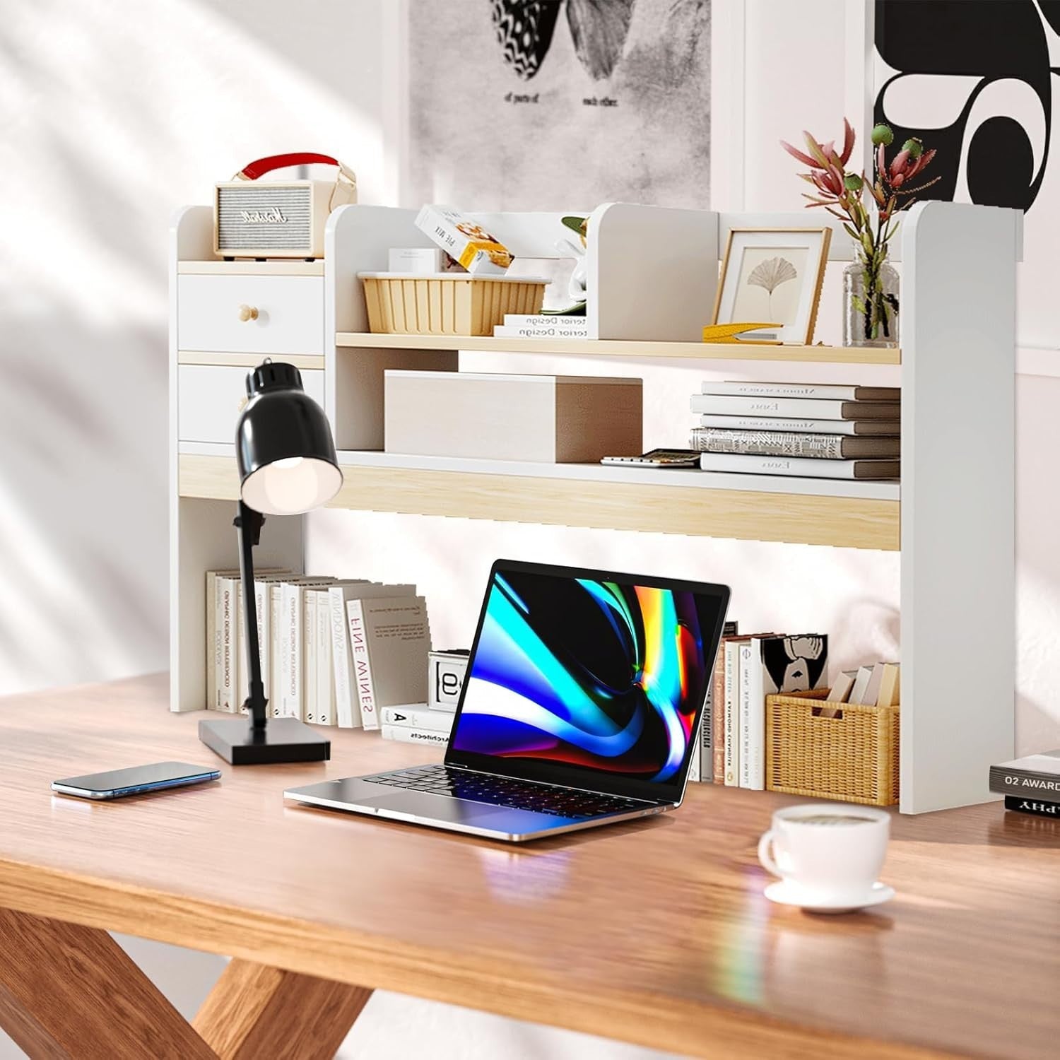 White Desktop Bookshelf Desk Hutch Organizer Expandable Shelf w/ 2 Drawers