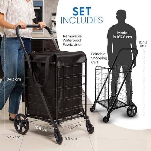Heavy Duty Foldable Shopping Trolley 50kg 360° Swivel Wheels Waterproof Liner