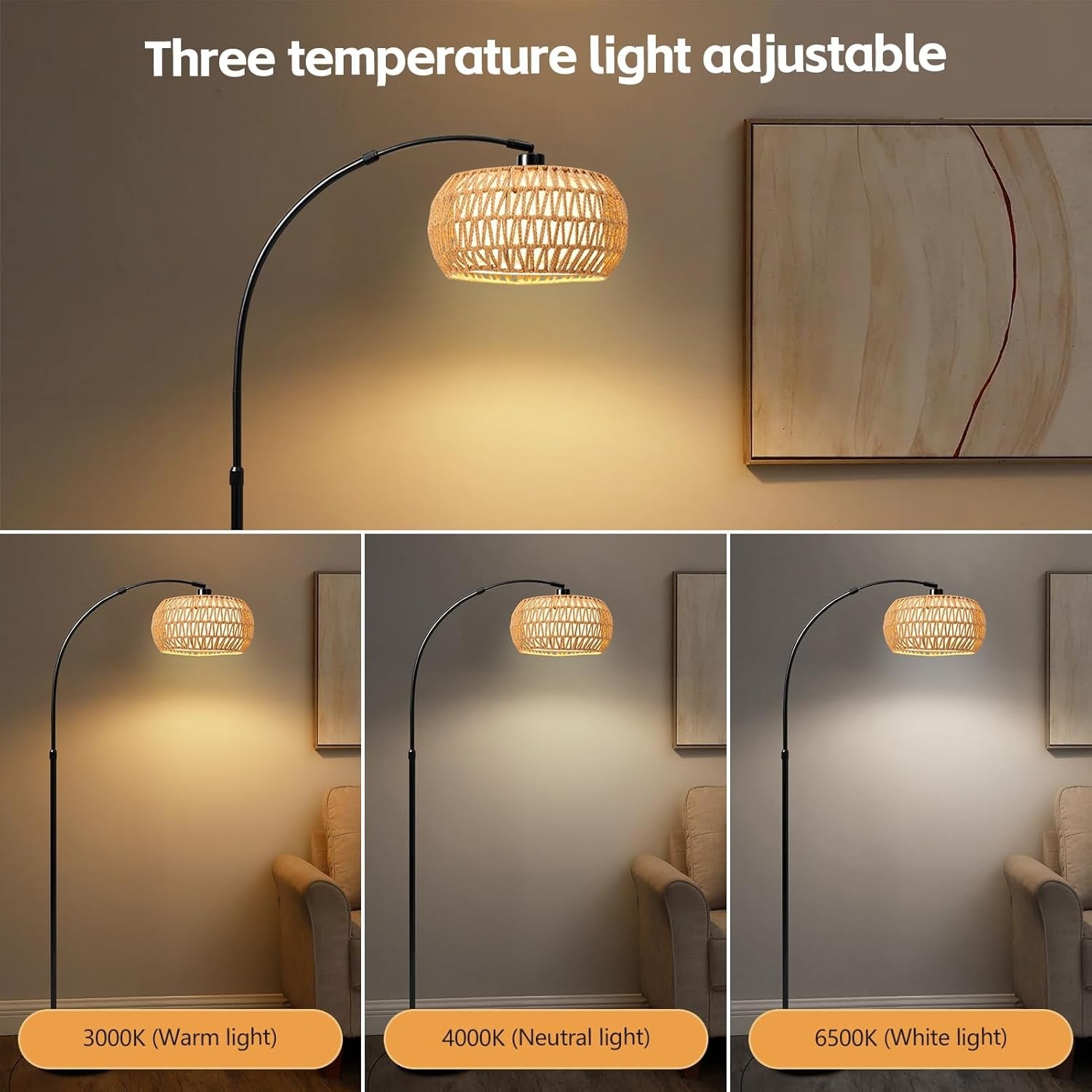 Boho Arc Floor Lamp Dimmable Remote Control Rattan Shade Black Stand