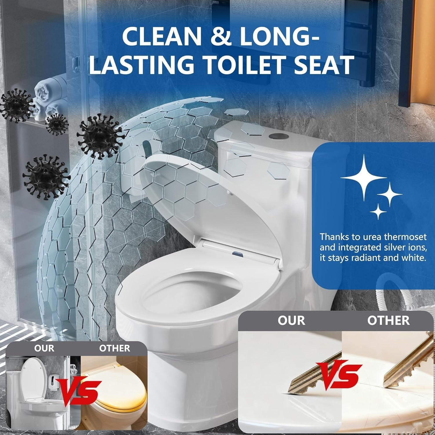 White Oval Toilet Seat Soft Close Quick Release Anti-Bacterial Top Fix 45x37cm
