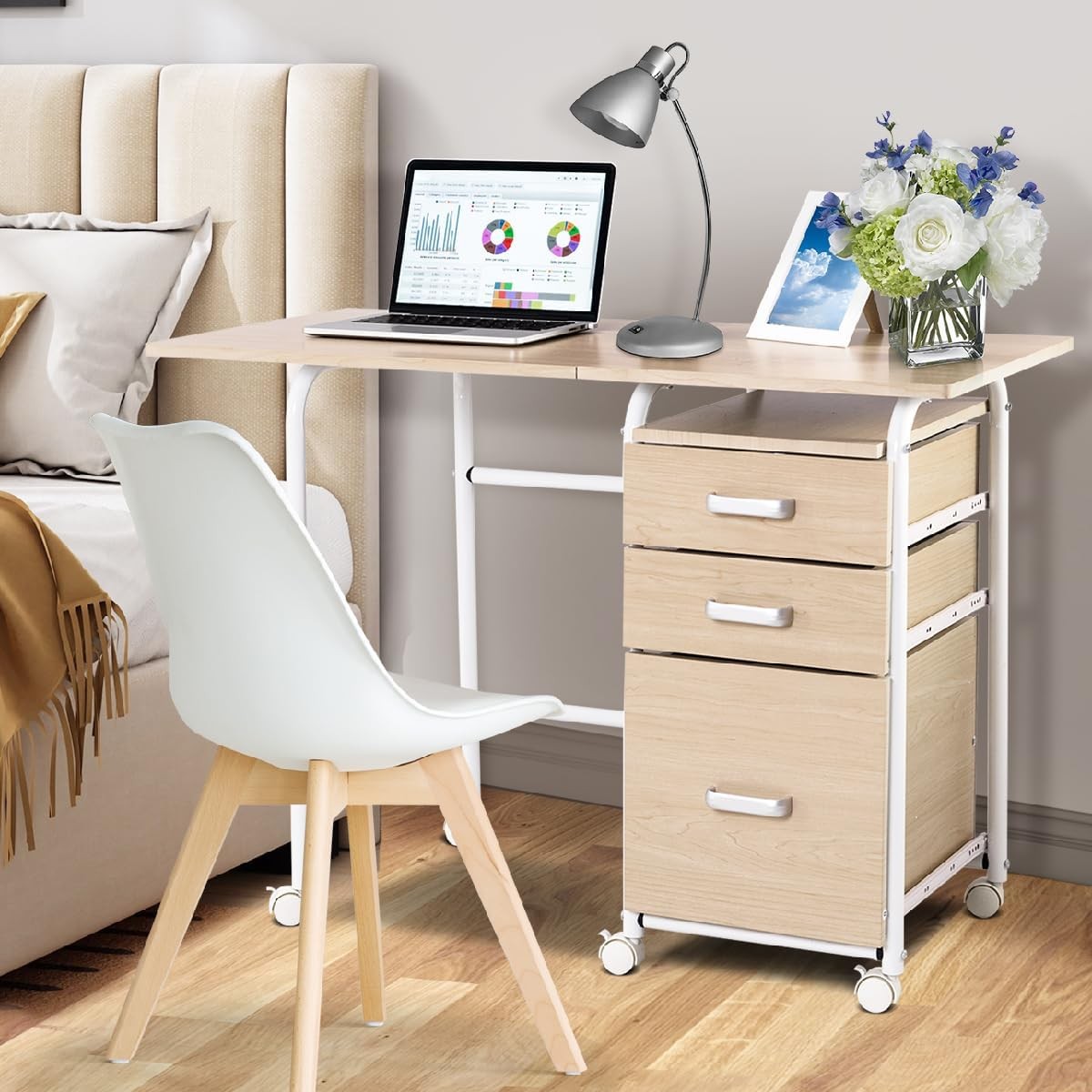 Folding Computer Desk Rolling Laptop Table with Drawers Wheels Oak