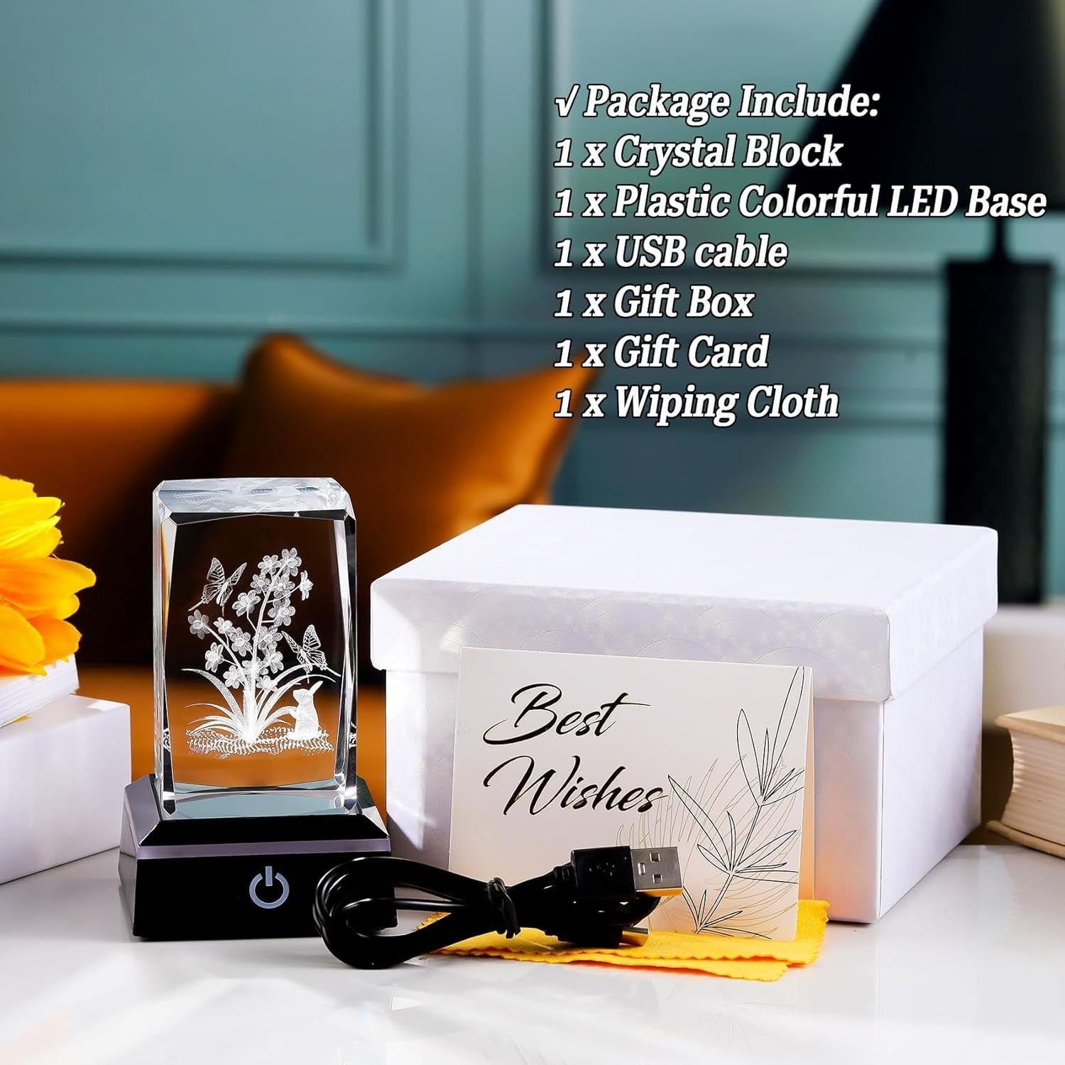 3D Crystal Flowers Rabbit LED Light Cube Gift Ornament for Women Girls Birthday