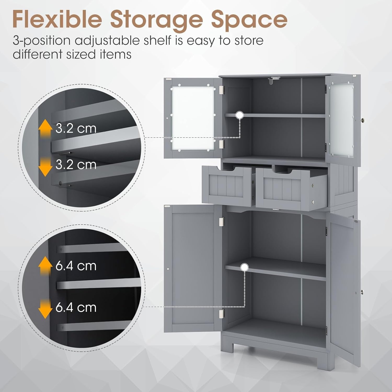 Grey Freestanding Storage Cabinet with Glass Doors & Drawers Shelves