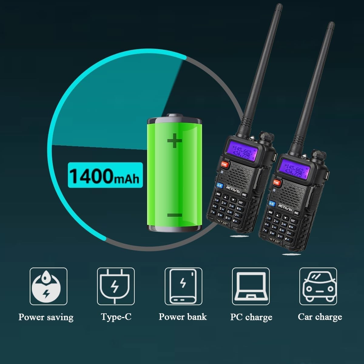 Ham Radio Long Range 2 Pack 128 Channel Dual Band VOX Type-C FM
