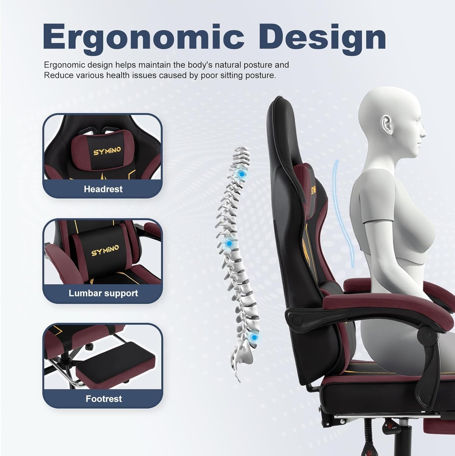 Ergonomic Gaming Chair Recliner w/ Footrest Lumbar PU Leather Red