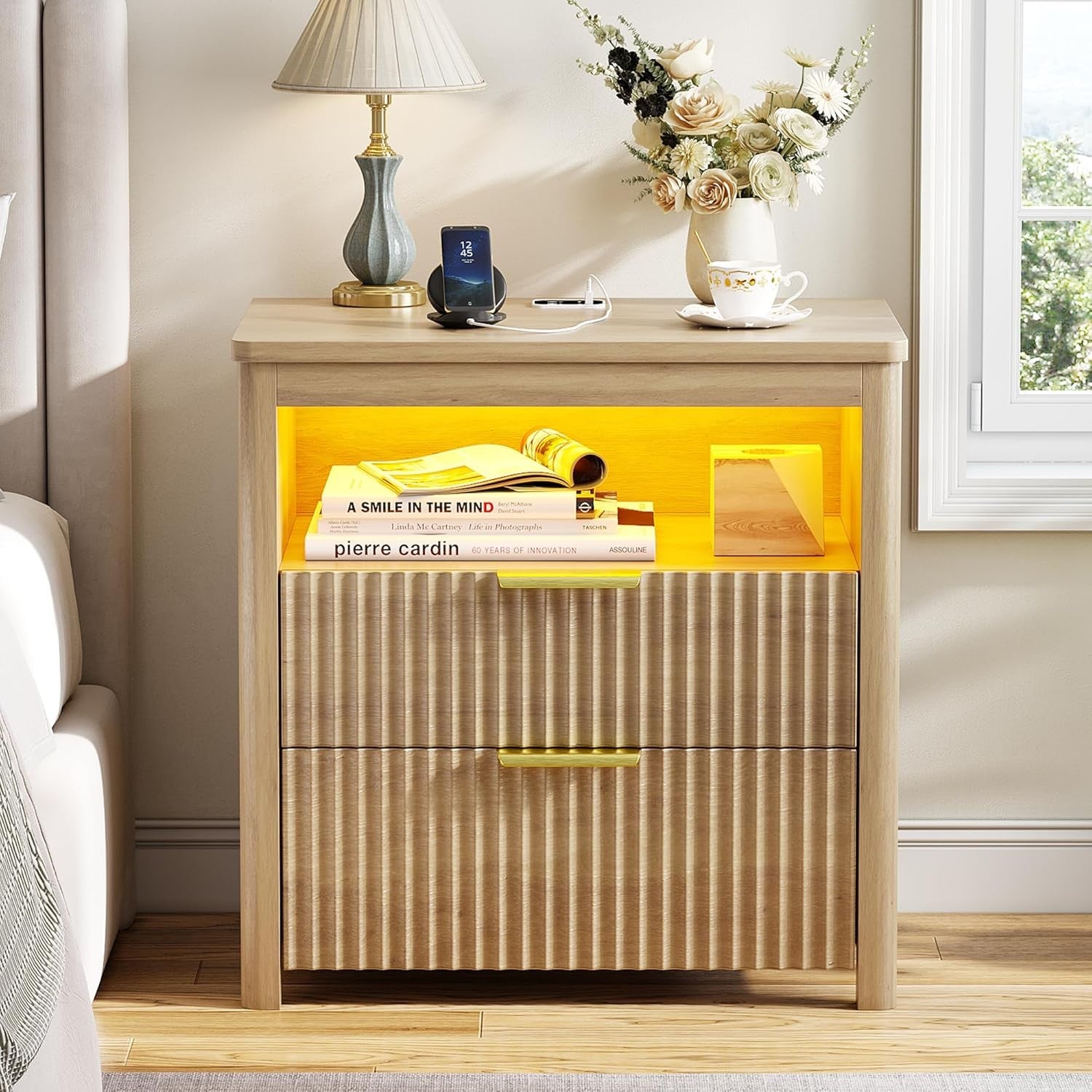 24" Natural Wood Bedside Table with Charging Station, LED Light & 3 Drawers