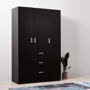 Large Black Wooden 3-Door Wardrobe with 3 Drawers & Hanging Rail Bedroom