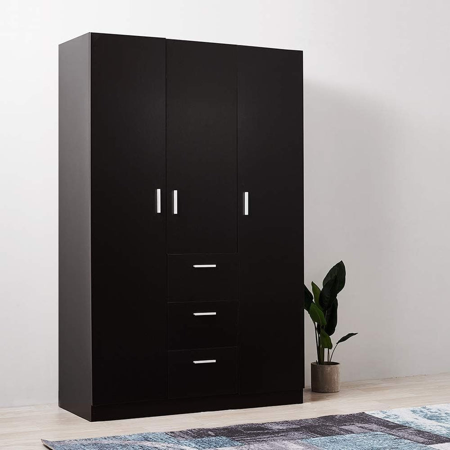 Large Black Wooden 3-Door Wardrobe with 3 Drawers & Hanging Rail Bedroom