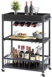 3 Tier Rolling Bar Cart with Wine Rack & Glass Holder Serving Trolley on Wheels