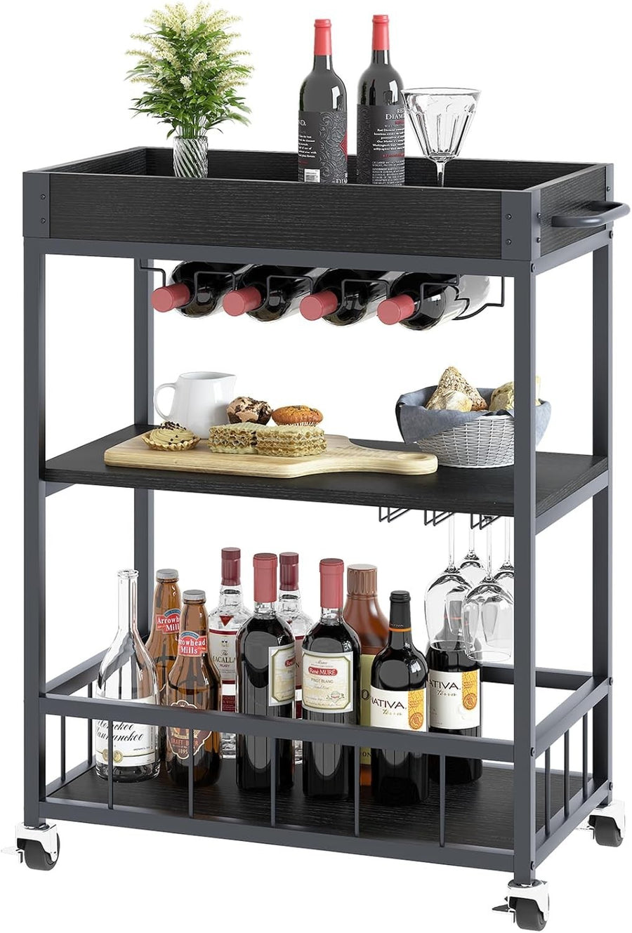 3 Tier Rolling Bar Cart with Wine Rack & Glass Holder Serving Trolley on Wheels