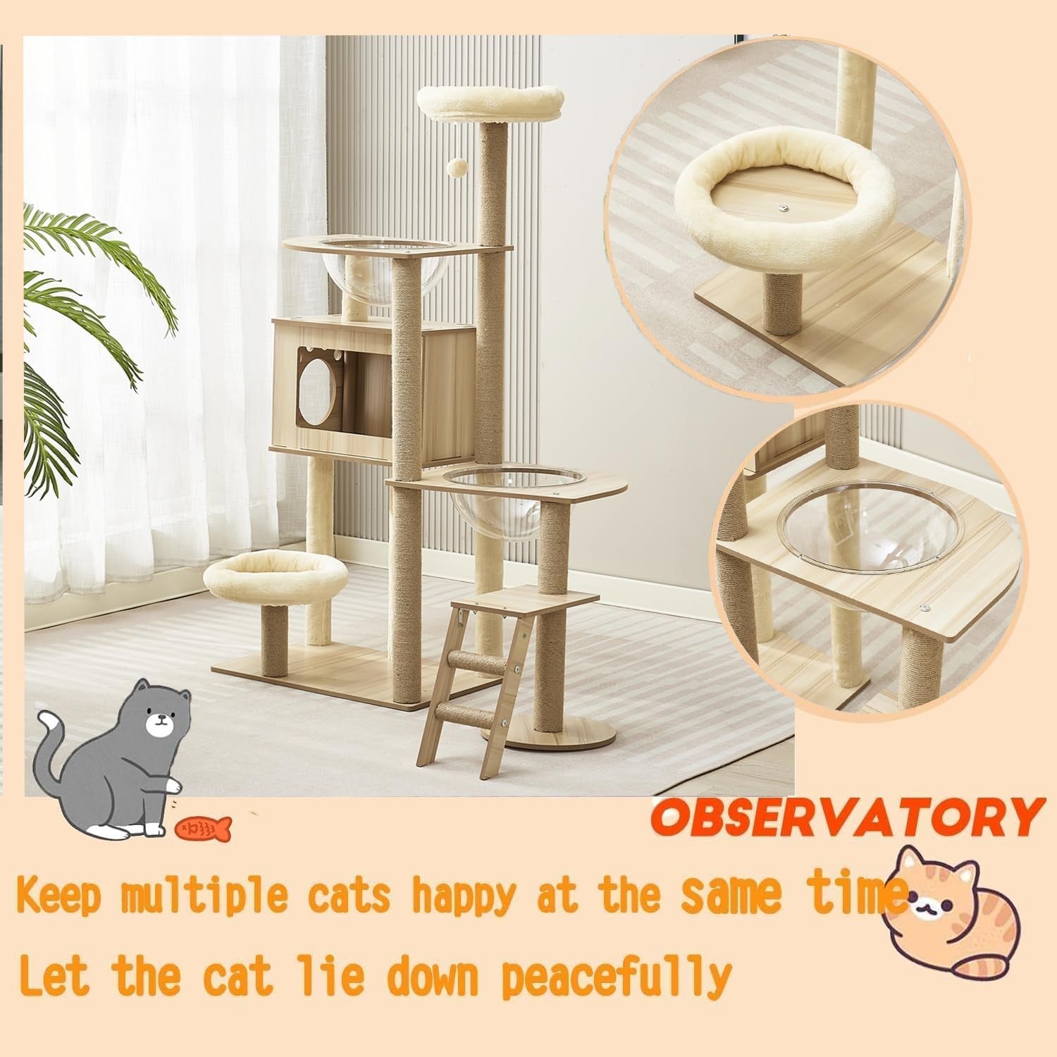137cm Cat Tree Tower Condo Bowls Ladder Plush Perches Scratching Posts