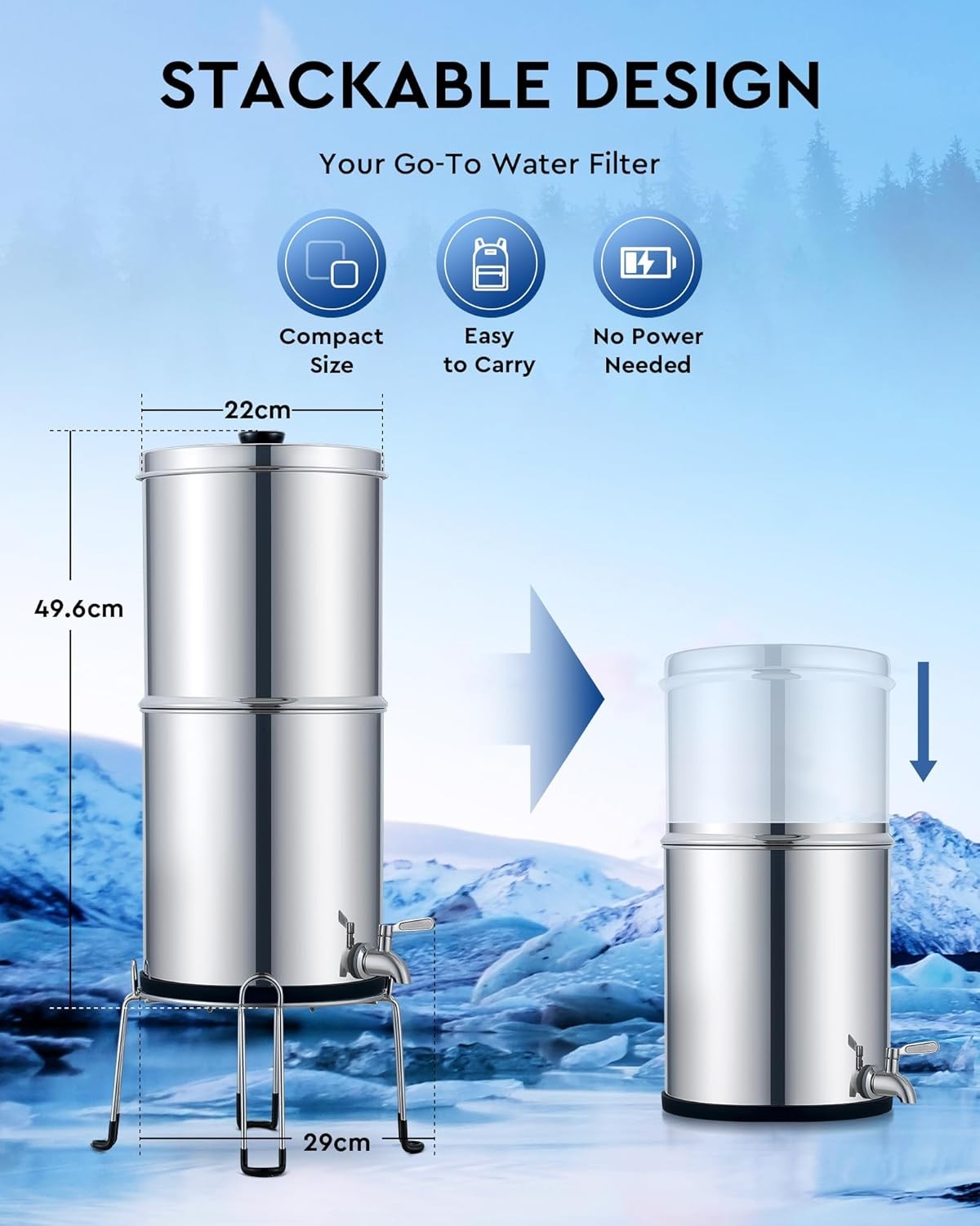 Gravity Fed Water Filter 8.5L Stainless Steel Countertop Purifier Stand