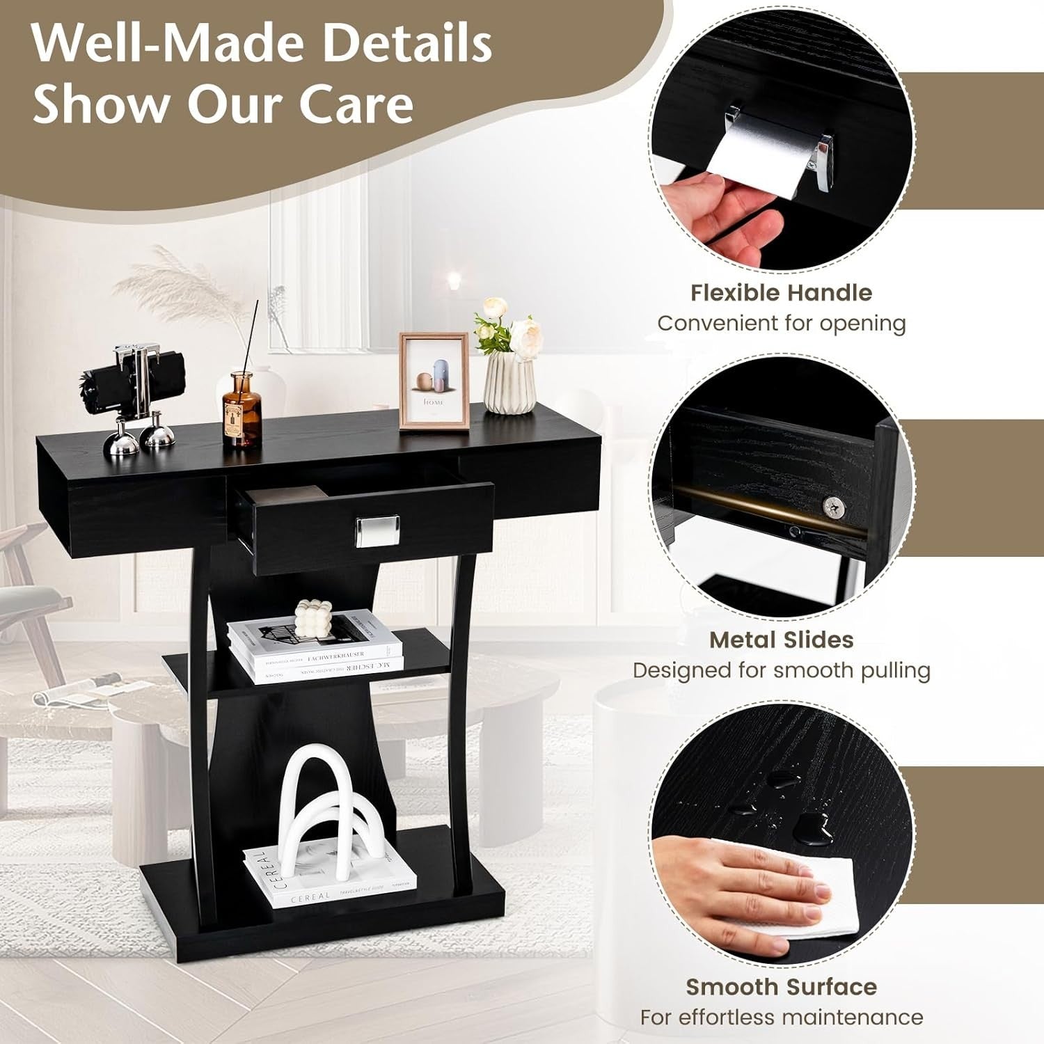 Solid Wood Console Table 46" – Sleek Black Entryway Accent