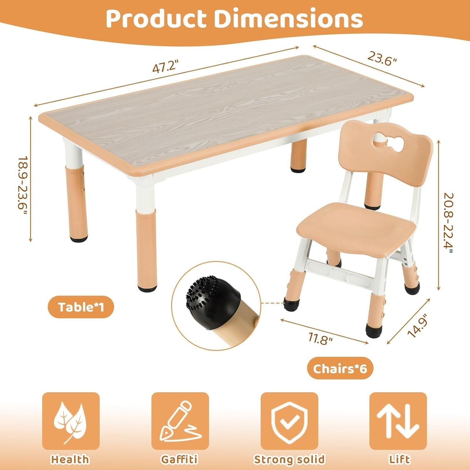 Kids Table and 6 Chair Set – Adjustable Height, Easy Clean, Ages 2–10