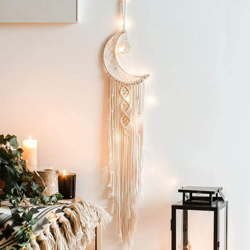 Boho Moon Macrame Wall Hanging 32” Cotton Cord + DIY Lights