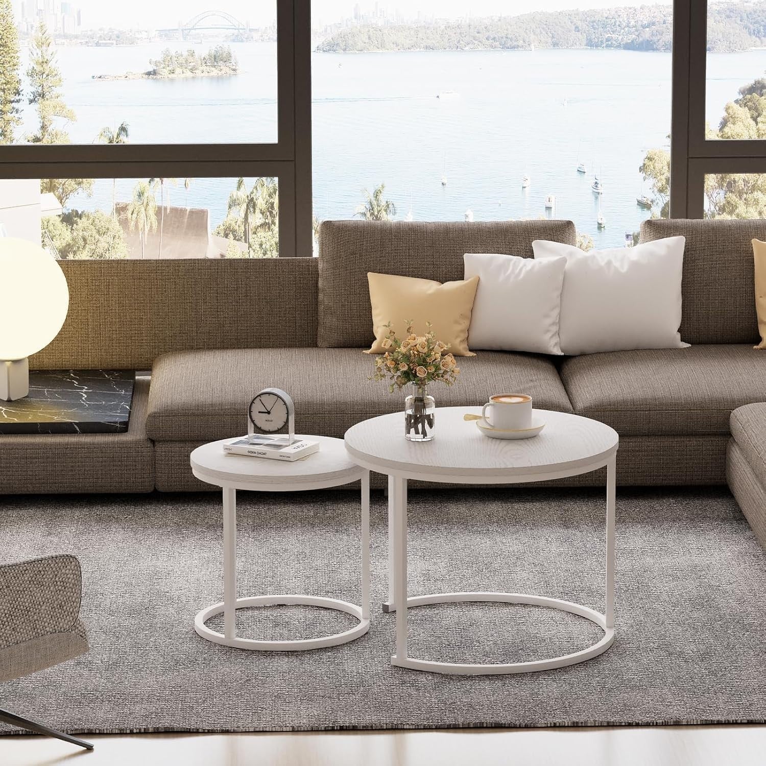 Nesting Coffee Table Set 2 Marble Top Round Modern Side End Tables White