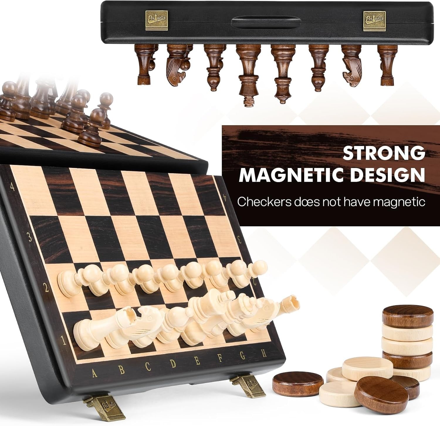 15" Magnetic 2-in-1 Chess & Draughts Folding Wooden Board Set w/ Extra Queens