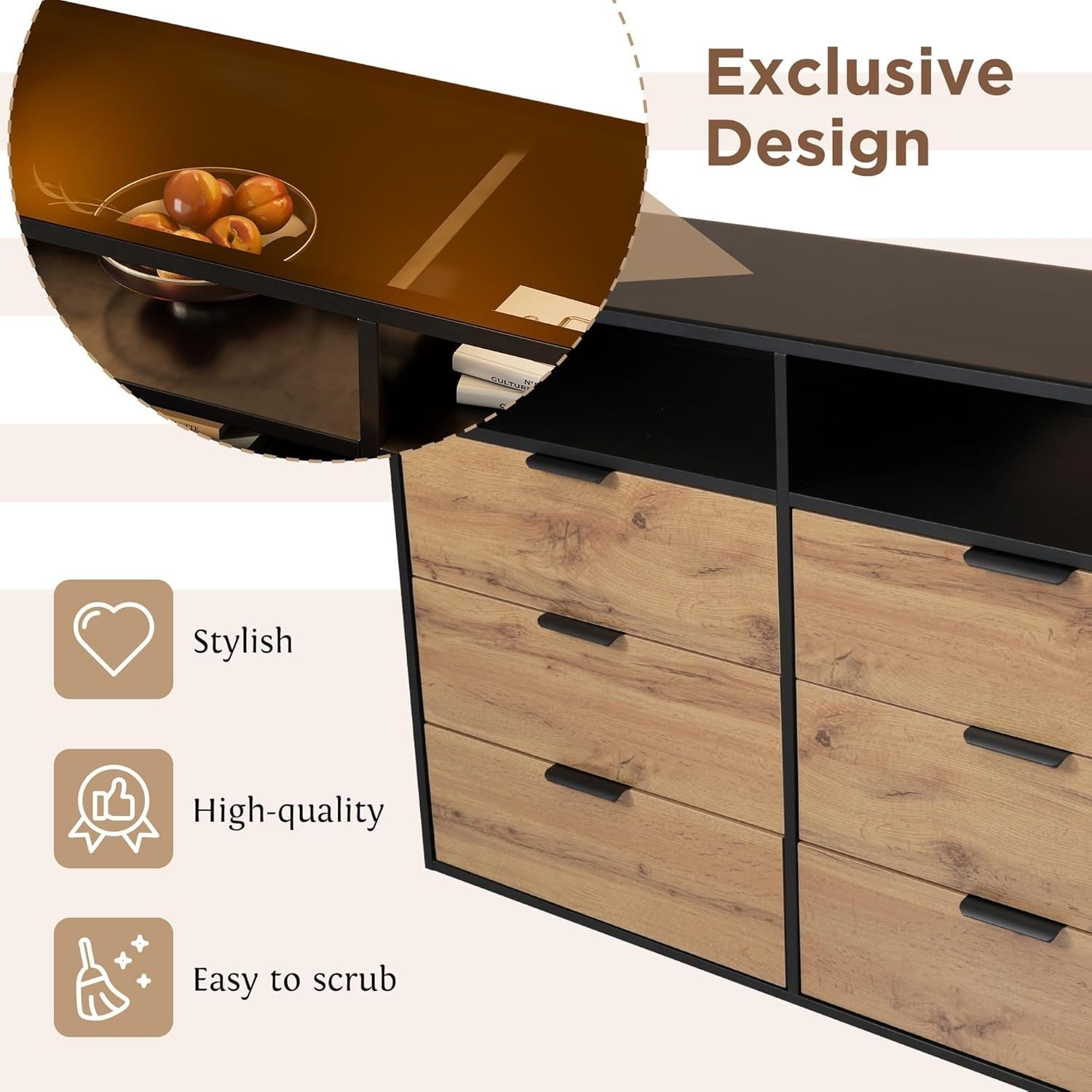 Oak Sideboard Cabinet 6 Drawers 2 Open Shelves 120x40x80cm Anti-Tip
