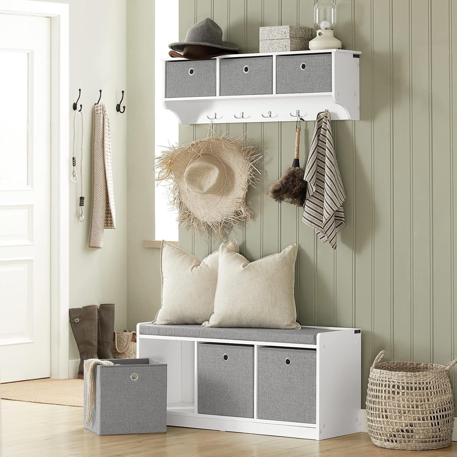 Modern Storage Bench with 3 Fabric Baskets & Cushion | Shoe Rack Cabinet