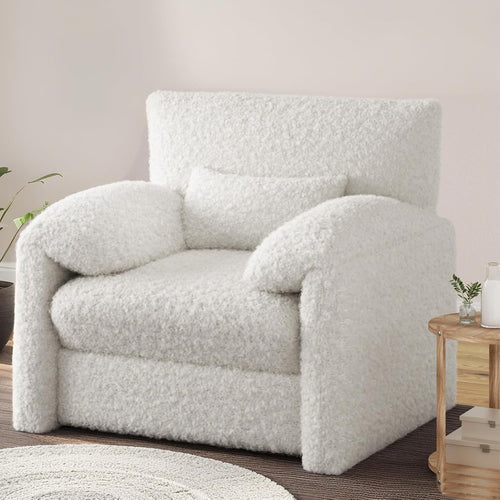 White Teddy Velvet Armchair Sofa | Padded Lounge Seat w/ Lumbar Pillow