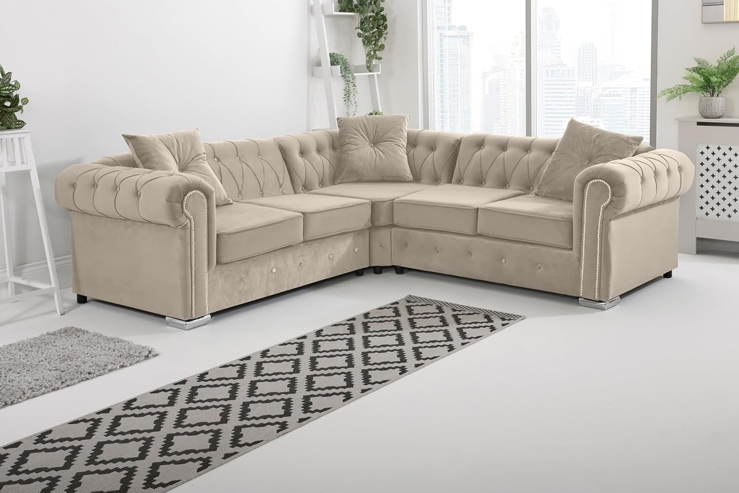Luxury Cream Velvet Chesterfield Sofa – Corner, Foam Cushions, Diamond Trim