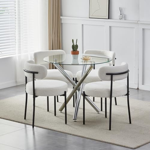 Round Glass Dining Table Set with 4 Beige Chairs Modern Dining Room