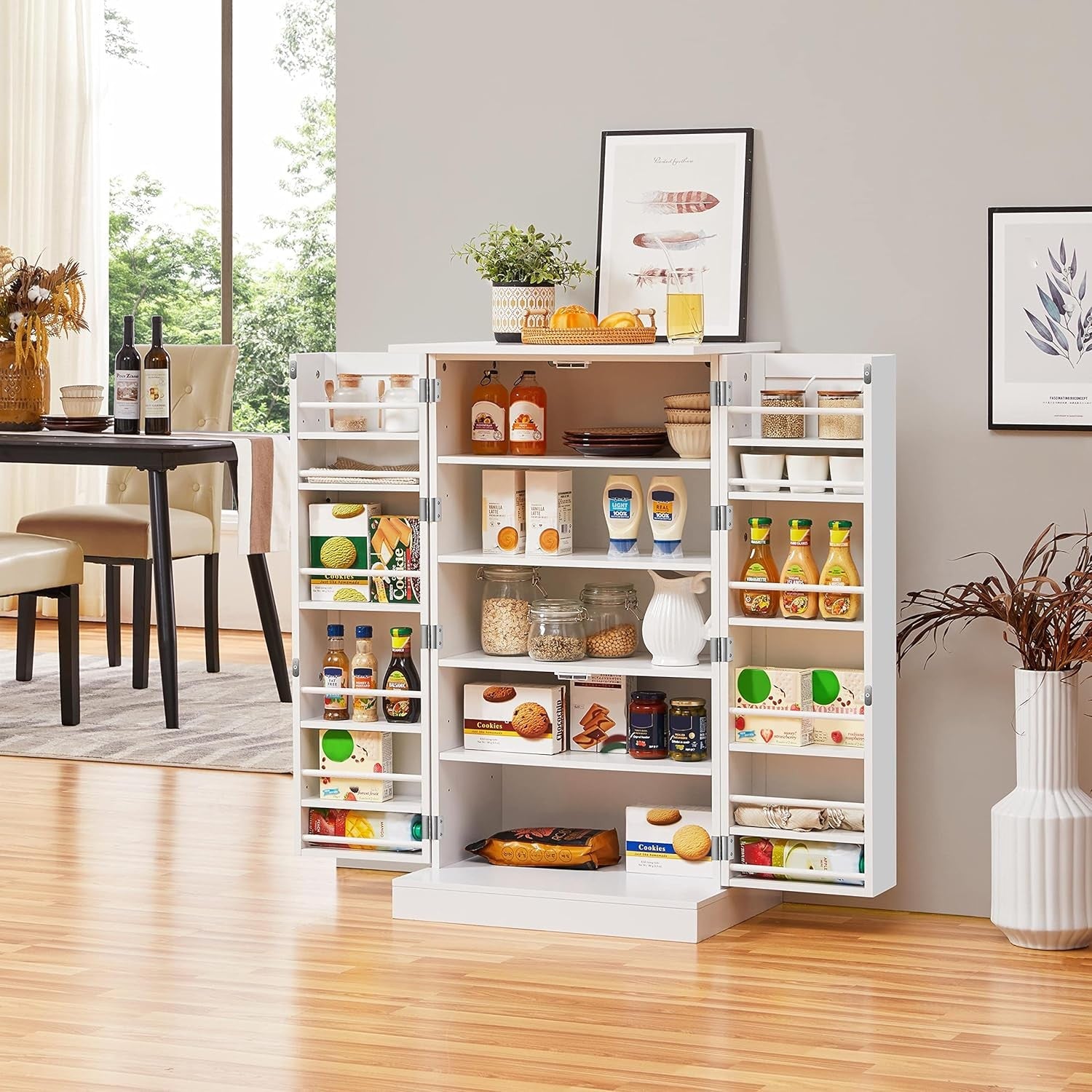 White Kitchen Cupboard 6 Shelf Freestanding Wooden Pantry Storage Unit
