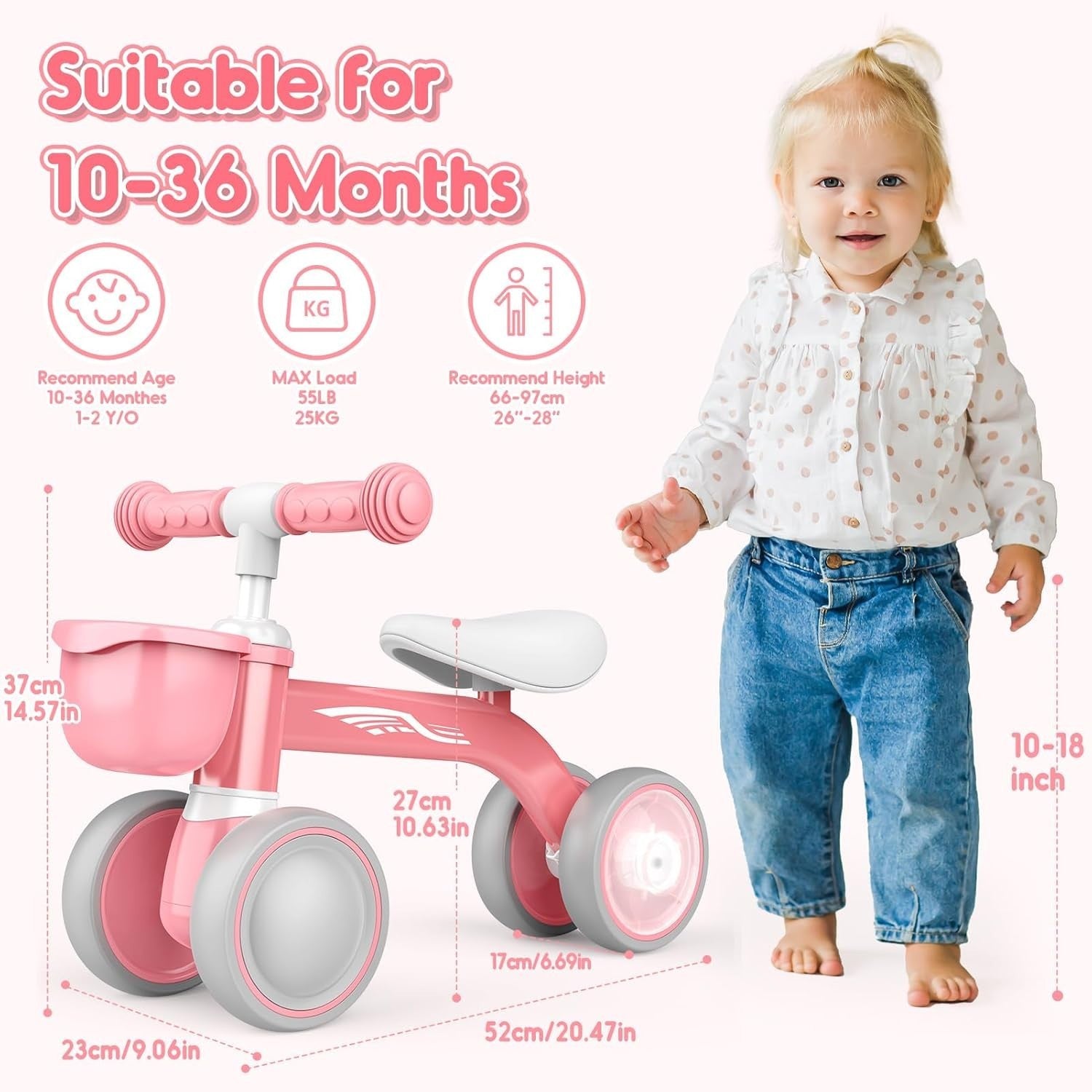 Baby Balance Bike LED Wheels Toddler Ride On Walker Basket Pink 1-3 Years