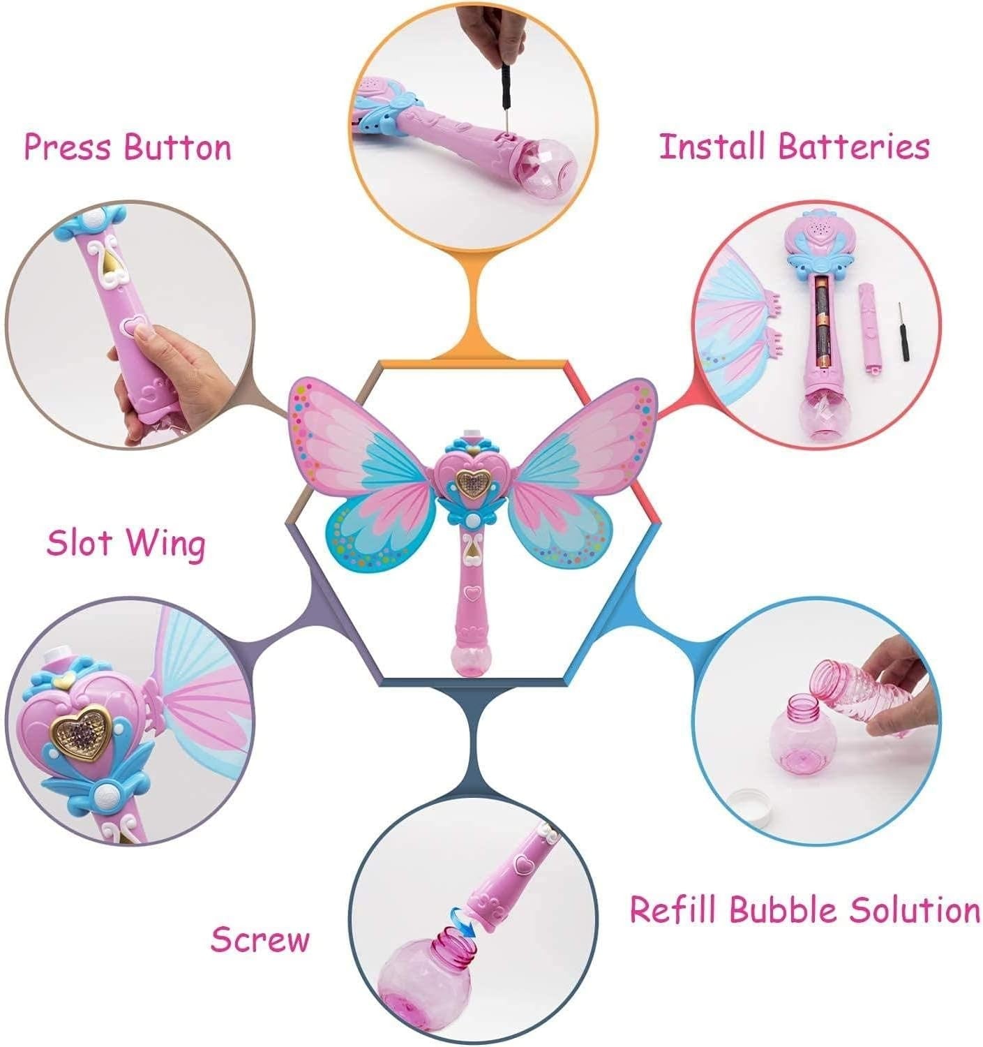 Kids Magic Bubble Wand Butterfly Fairy Light Up Musical Blower Pink