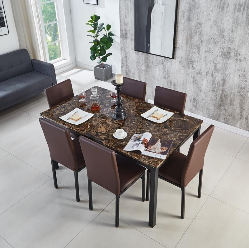 6 Seat Marble Dining Table Set with Faux Leather Chairs in Brown 150cm MDF