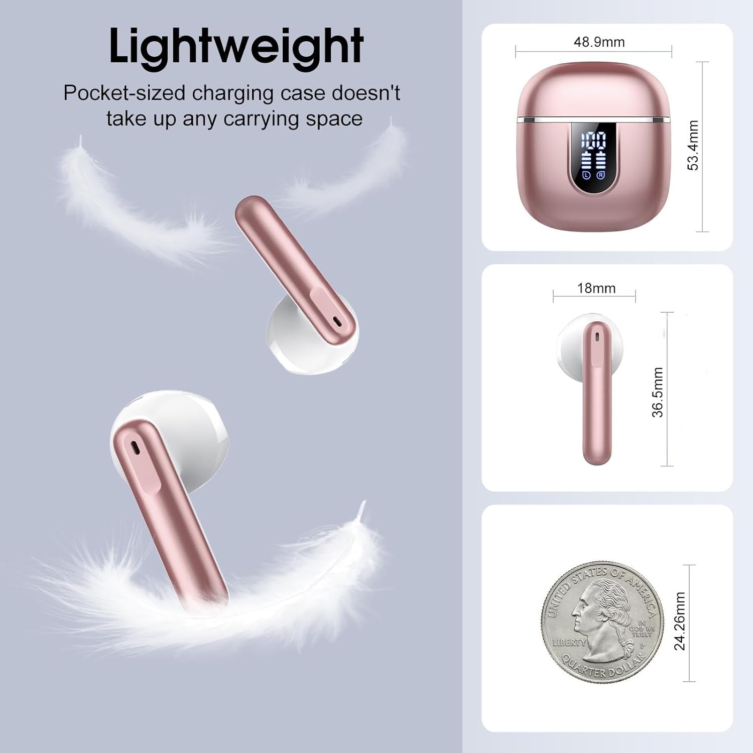 Rose Gold Bluetooth 5.4 Earbuds ENC Noise Cancelling HiFi Sound 40H Playtime