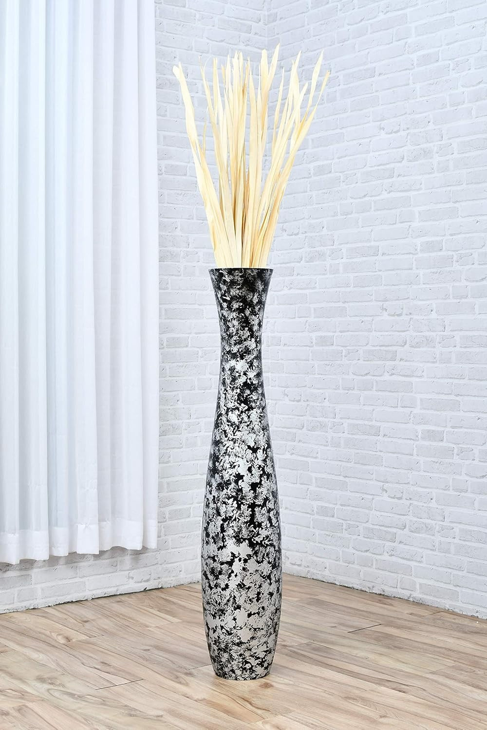 Tall Silver Black Floor Vase 105cm Wooden Decor for Pampas Grass Display