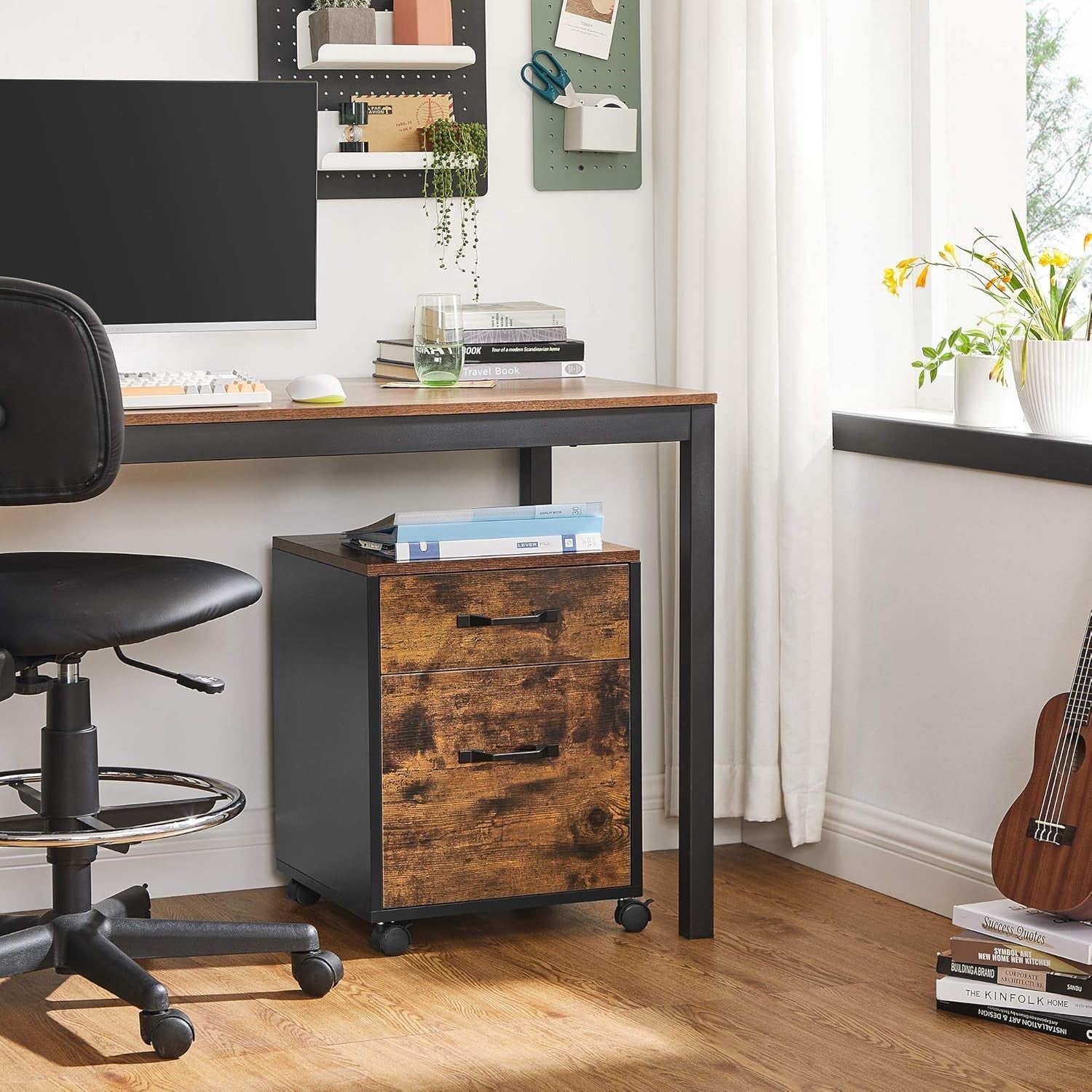 Rustic Brown & Black 2-Drawer Rolling Filing Cabinet – A4 Office Storage Unit