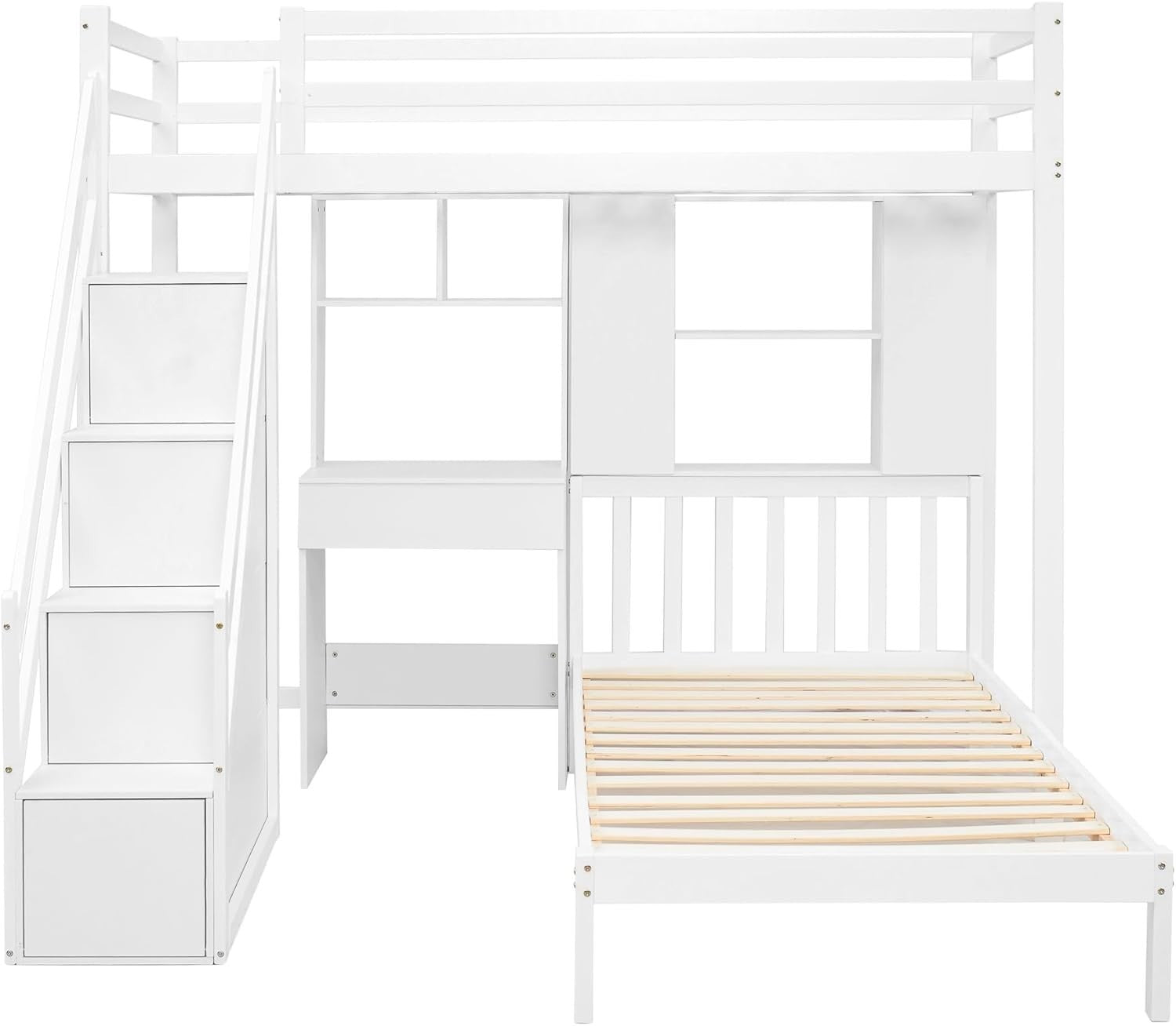 Kids Pine Wood Bunk Bed with Storage Ladder, Desk & Shelves 204x175cm