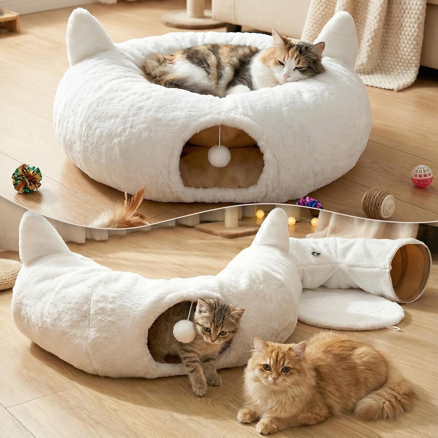 Plush Cat Tunnel Bed Round Donut Cave w Washable Cushion White
