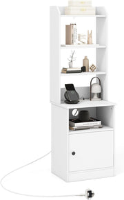 140cm Tall White Bedside Table with Charging Station & Adjustable Bookshelf Stor