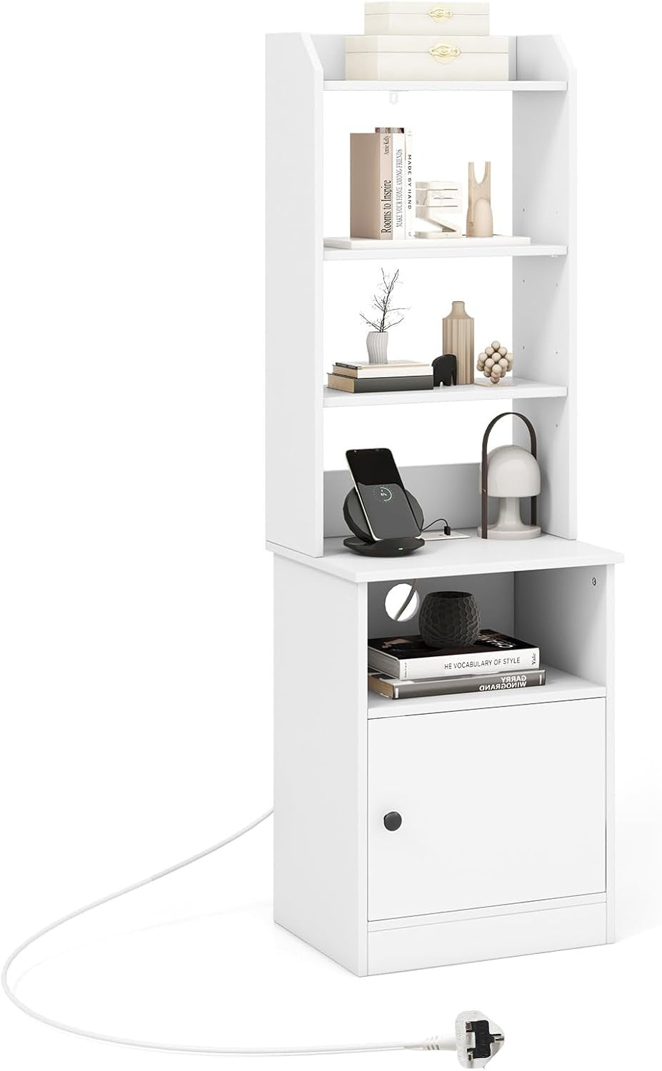 140cm Tall White Bedside Table with Charging Station & Adjustable Bookshelf Stor