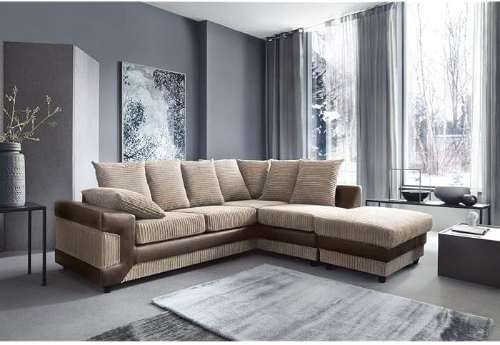 5 Seater Corner Sofa Brown & Beige Fabric Leather Right L Shape Couch